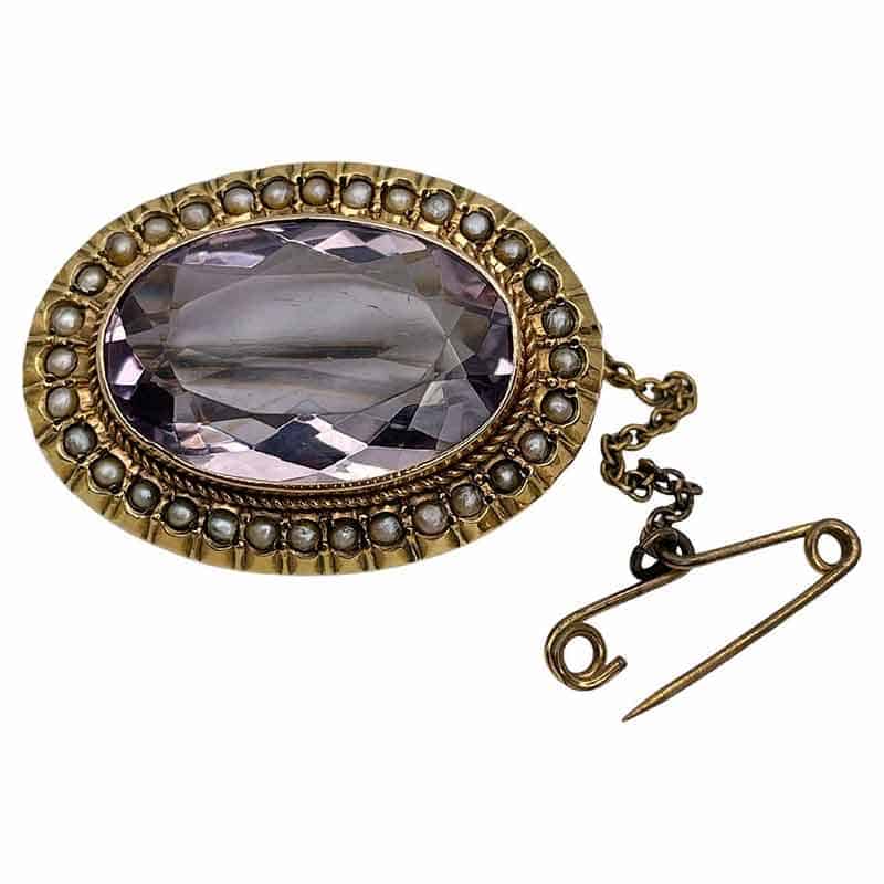 Amethyst Seed Pearl Oval Pin Brooch
