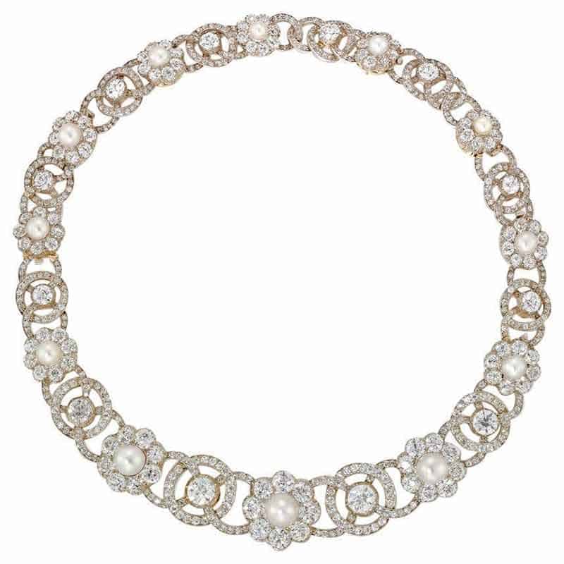 Victorian Natural Pearl and Diamond Cluster Necklace