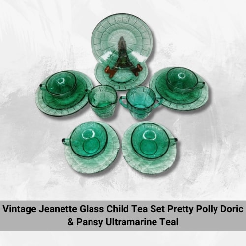 Vintage Jeanette Glass Child Tea Set Pretty Polly Doric _ Pansy Ultramarine Teal