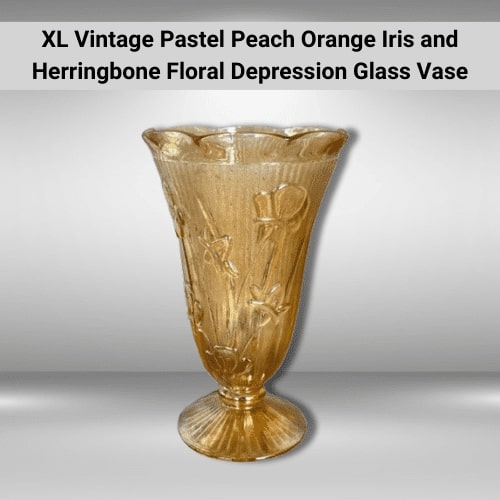 XL Vintage Pastel Peach Orange Iris and Herringbone Floral Depression Glass Vase