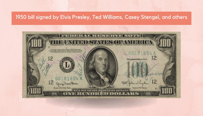 1950 bill signed by Elvis Presley, Ted Williams, Casey Stengel, and others