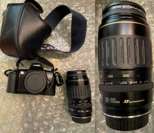 CANON EOS 500 SLR 35MM FILM CAMERA + 100-300mm ULTRASONIC ZOOM LENS +Case Strap