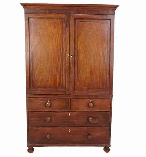 Georgian Inlaid Walnut Linen Press, Armoire Dresser, Scotland 1820  — $2,360