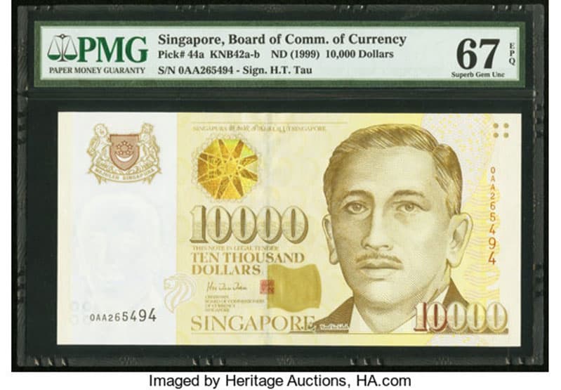 Highest Denomination Bill In The World - 10,000 Singapore dollars (SGD)