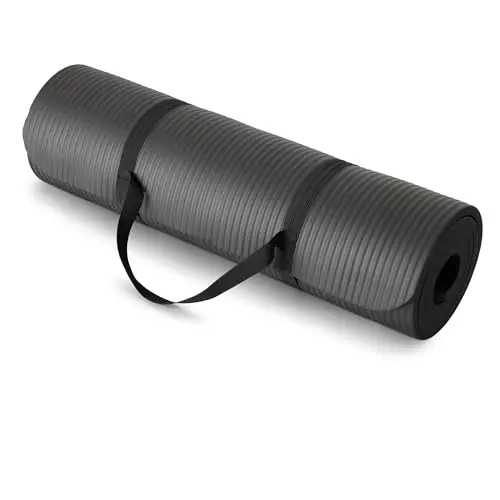 Amazon Basics extra thick black yoga mat rolled up with carrying strap