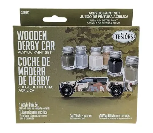 Testors 6 color acrylic camouflage paint set for wooden derby cars with brush and tray