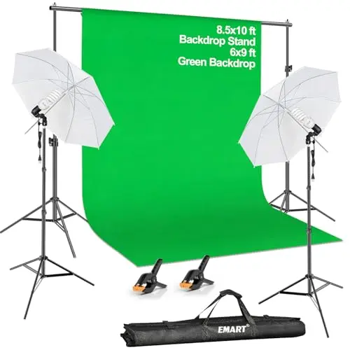 EMART Green screen backdrop kit with stand, two umbrella lights, and clamps