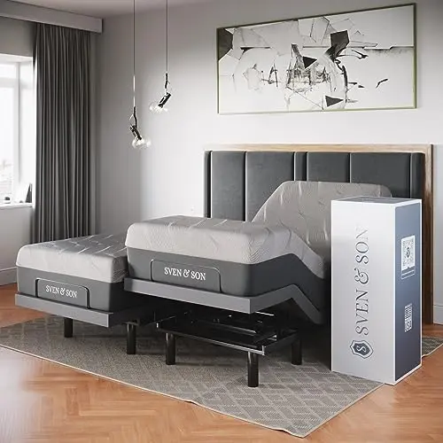 Sven & Son adjustable bed base with mattress elevated and under-bed lighting.