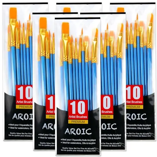 AROIC bulk set of 60 multi-shaped acrylic and watercolor paint brushes