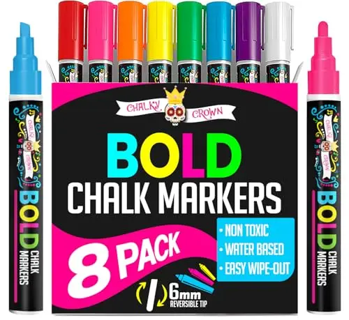 CHALKY CROWN liquid chalk markers set in assorted neon colors with chalkboard labels