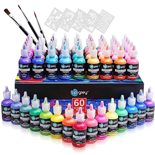 UPGREY fabric paint set with 60 small bottles including metallic, neon, and glitter