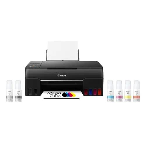 Canon PIXMA G620 wireless megatank all-in-one printer with ink bottles on a desk