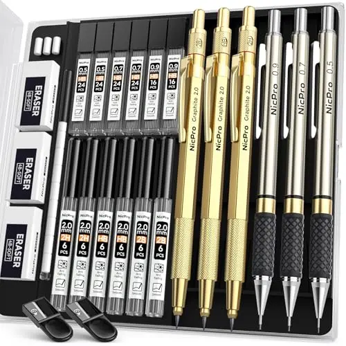 Nicpro six-piece gold mechanical pencil set with lead refills in a plastic case