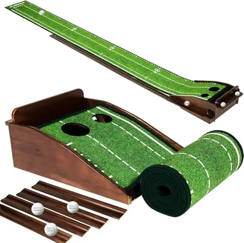 Dachenus Putting Mat with automatic ball return and solid wood frame