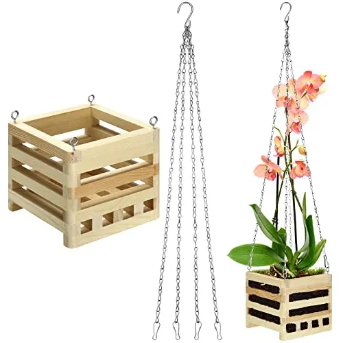 Small rustic square wooden hanging basket with chain, ideal for orchids or air plants.