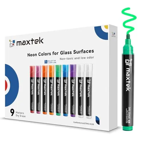 MAXTEK 9-pack neon dry erase markers for glass and blackboards