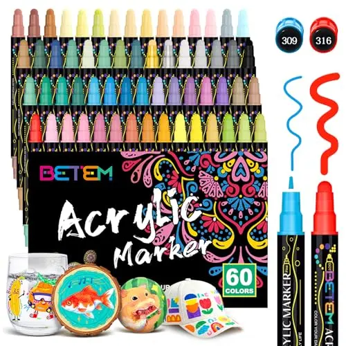 Betem 60-color dual-tip acrylic paint markers set for rock painting and crafts