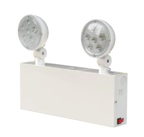 Garrini commercial emergency light showing white steel housing with two adjustable heads