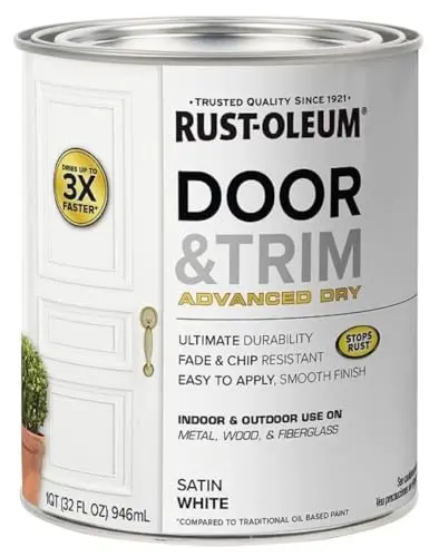 Rust-Oleum Advanced Dry Door & Trim Paint quart can, satin white.