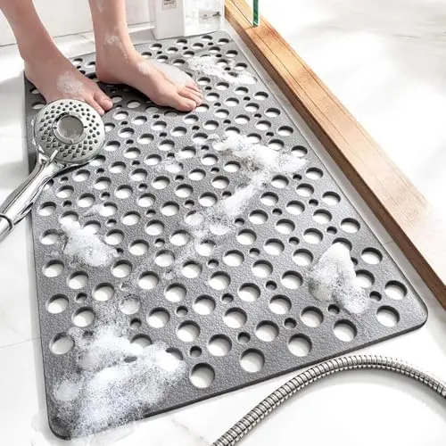 TEMIR Non-Slip Bathtub Mat in gray with suction cups and drain holes.