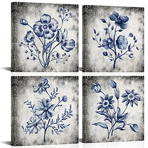 KREATIVE ARTS set of four blue flower canvas wall art prints