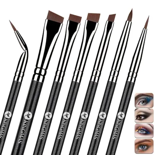 KINGMAS 7-piece eyeliner brush set with various thin and angled brushes in a black set