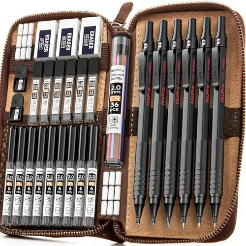 Black Nicpro mechanical pencil set in a zippered leather case with multiple leads and erasers