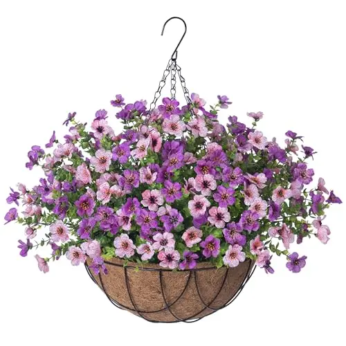 INXUGAO artificial purple chrysanthemum flowers with eucalyptus leaves in a metal-lined hanging pot