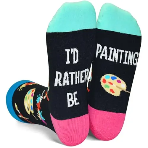 Funny mid-calf socks with paint brushes, palettes, and the text I'd Rather Be Painting
