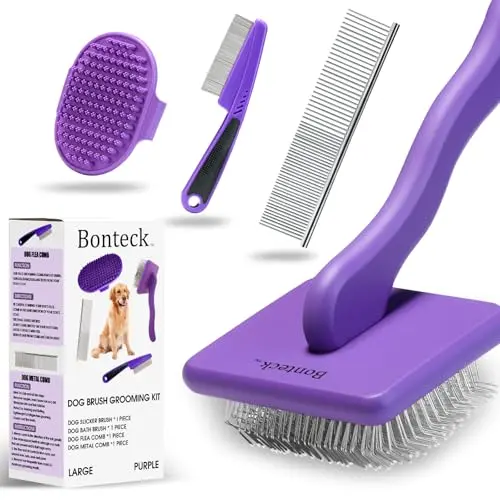 Bonteck 4-piece dog grooming kit including slicker brush, comb, bath brush, and flea comb
