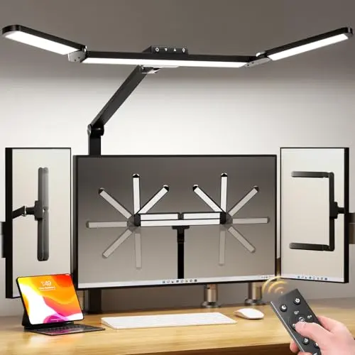 Airlonv triple head LED desk lamp with remote control clamped to a desk