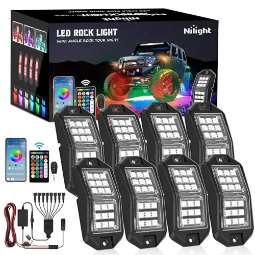 Nilight 8-pod RGB LED rock light kit with remote and Bluetooth app