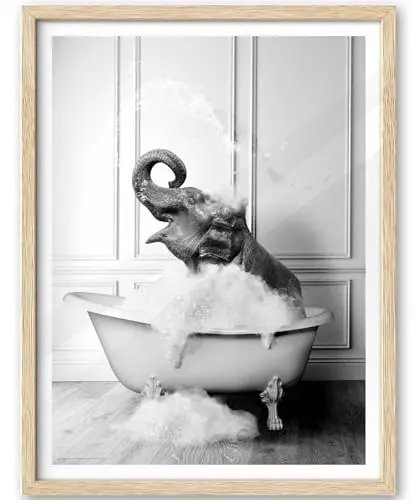 iHery framed black and white elephant bathing canvas wall art for bathroom