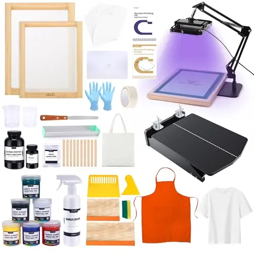 Caydo screen printing kit with a one-station press, frames, and ink bottles