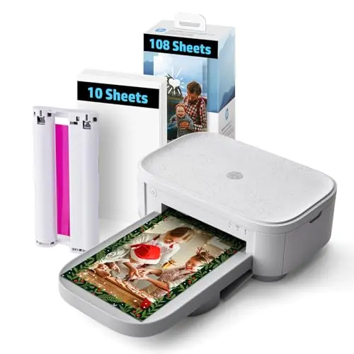 HP Sprocket Studio Plus 4x6 instant photo printer and supply bundle on a table