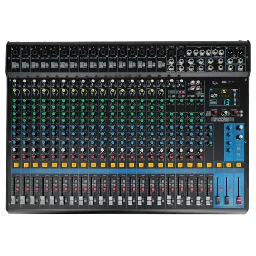 5Core 24-channel DJ audio mixer with large display and numerous effect controls