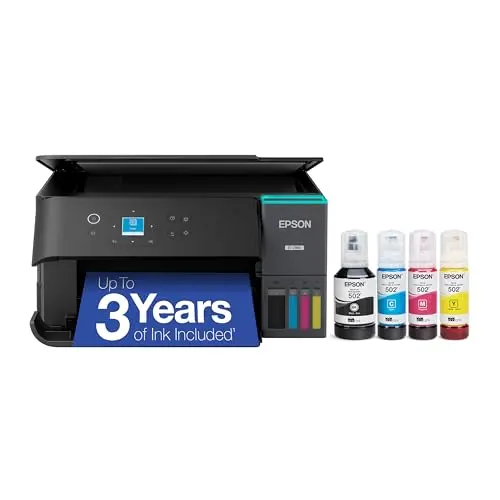 Epson EcoTank ET-2980 black printer on a desk with thick cardstock paper