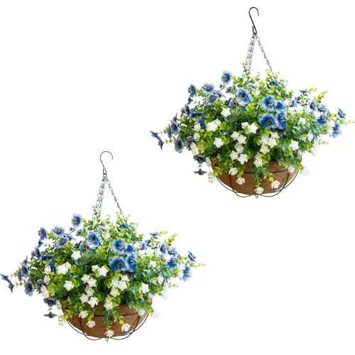 BCBLF two-pack of artificial hanging flower baskets in white and blue