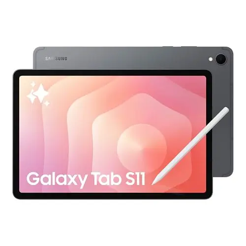 Samsung Galaxy Tab S11 tablet with S Pen on a desk, showcasing its slim gray design
