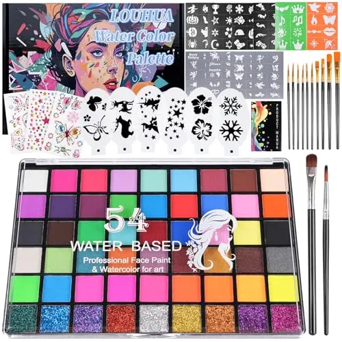 LOUHUA 54 color water-activated face paint kit with stencils