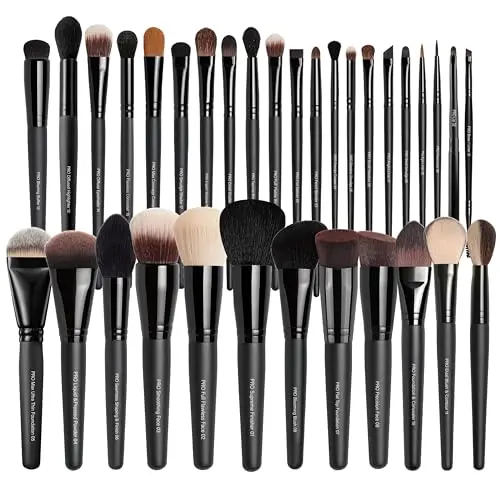 Bueart Design large set of 32 black makeup brushes in a case