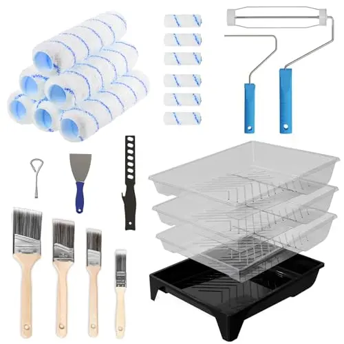 SKGPOLE 25-piece paint roller kit with 9-inch and 4-inch rollers, brushes, and tray