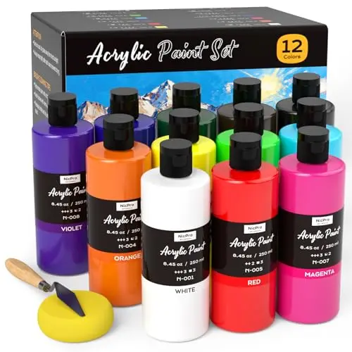 Nicpro 12 large bottle bulk acrylic paint set with color wheel.