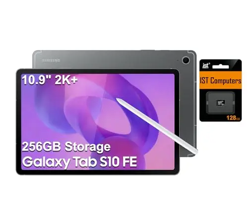 Samsung Galaxy Tab S10 FE in Gray, showing its 10.9-inch screen and included S Pen