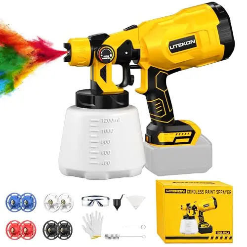 LITEKON yellow cordless paint sprayer compatible with DeWalt batteries